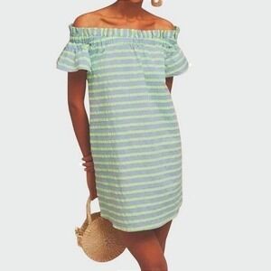 Corey Lynn Calter Anthropologie Green Gray Striped Off Shoulder Pocket Dress M